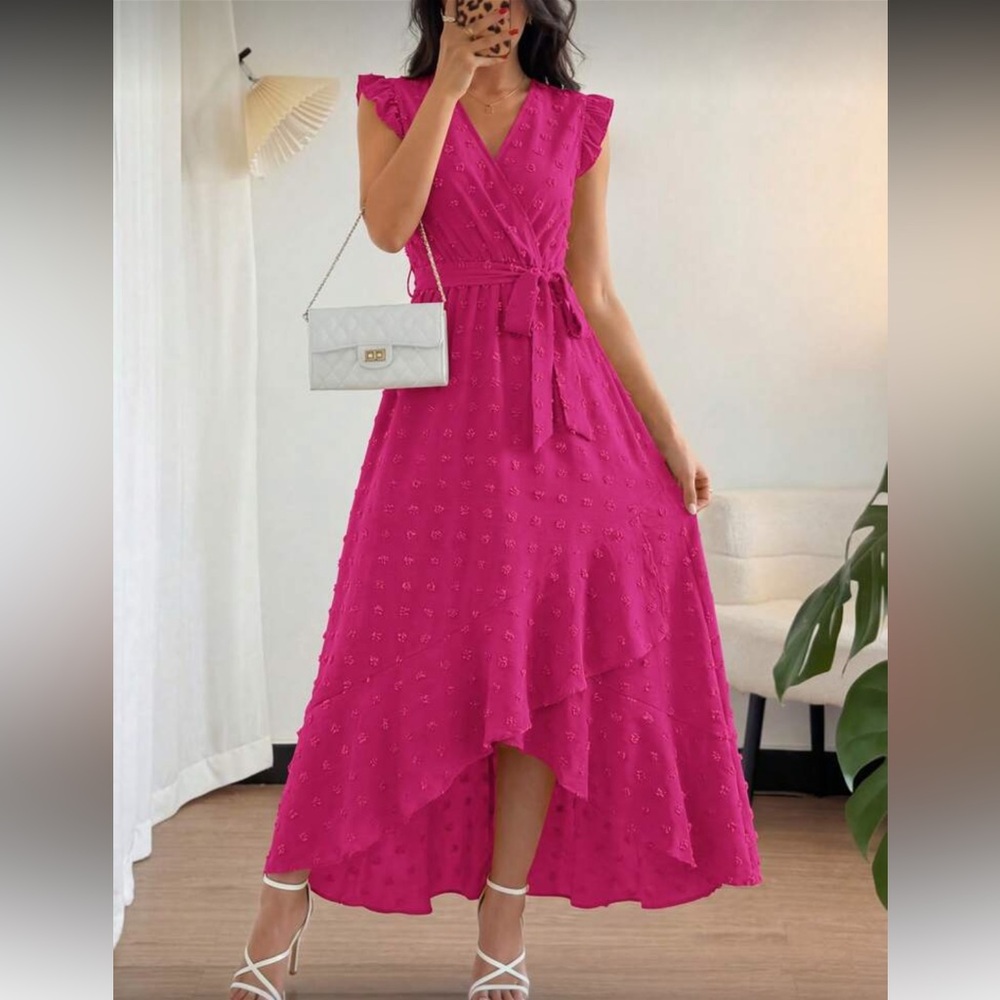 Elegant Hot Pink High-Low Midi Dress with Tie Waist
